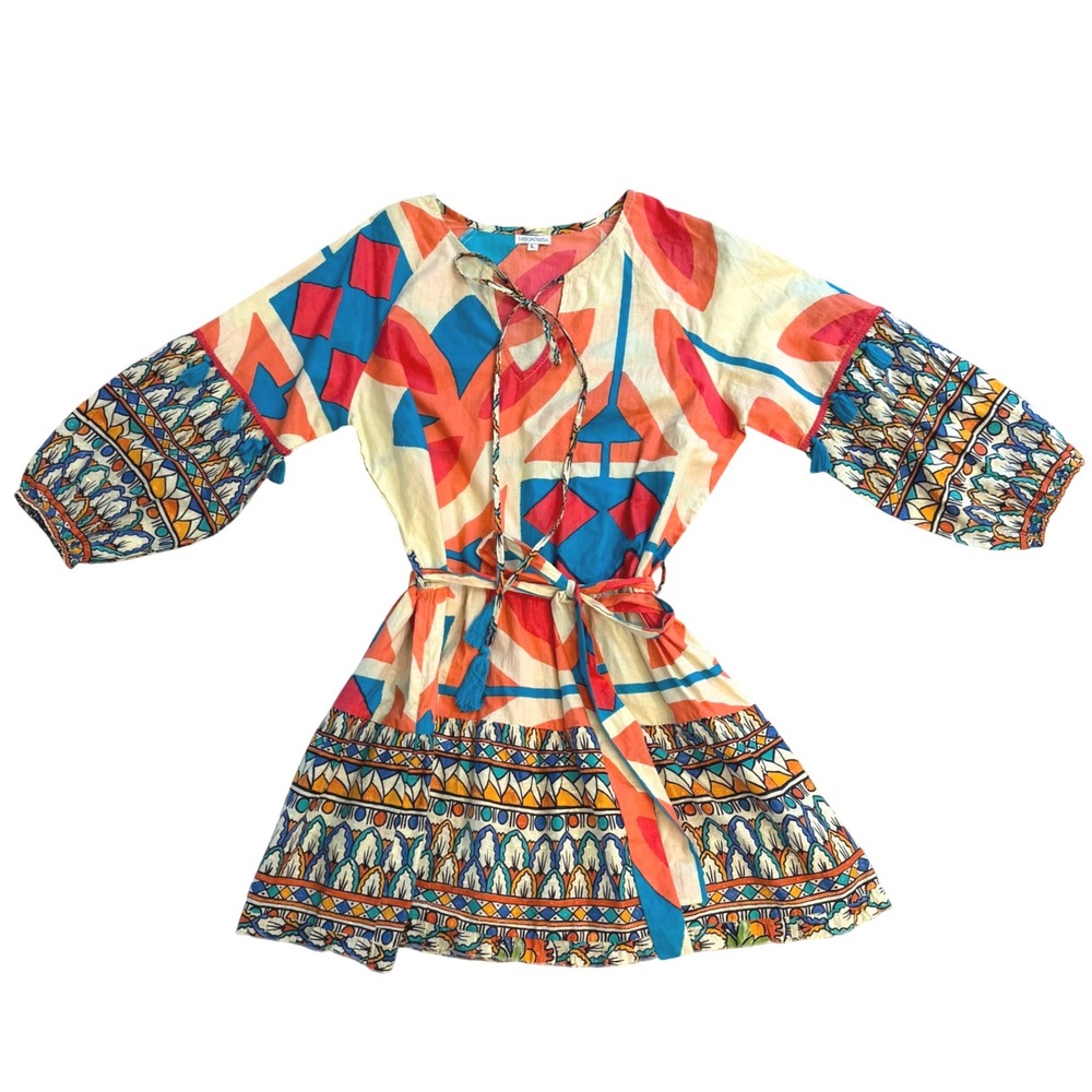 Modaposa Womens Cotton Geometric Tribal Print Tassel Mini Dress Blue Orange L